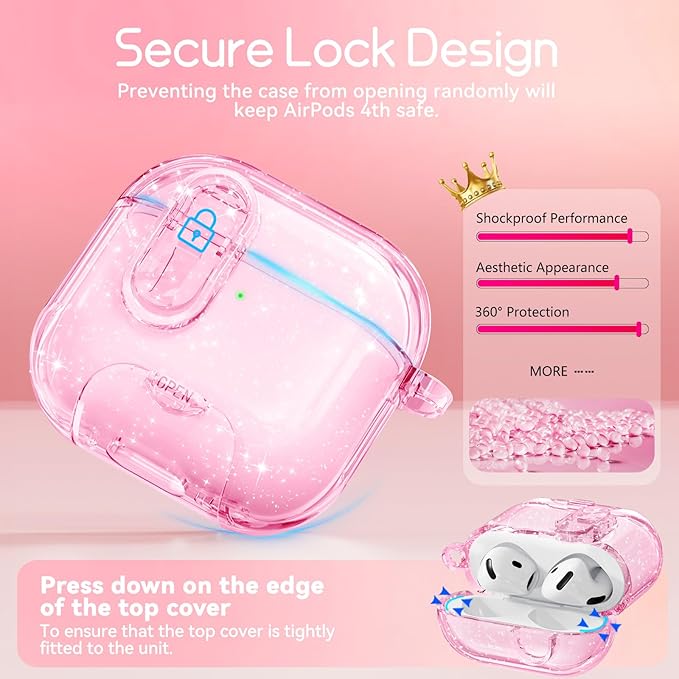 Clear Case for AirPods 4 Case Cover with Safety Lock,Soft TPU Cover with Phone Stand & Cleaning Kit,Cute Bling Keychain for Women Girls-Glitter Pink