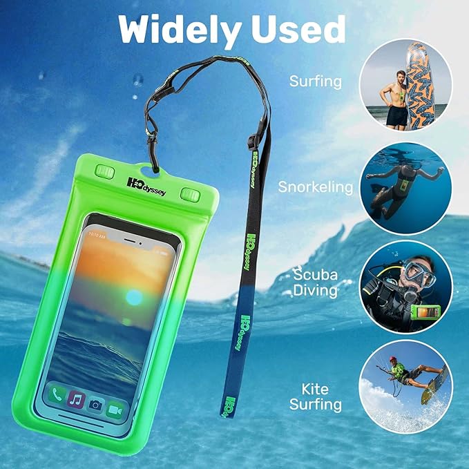 H2ODYSSEY Waterproof Phone Case and Lanyard - Excellent Waterproof Protection - Floats in The Water -Lanyard for Beach Kayak Travel - Universal Size - Green