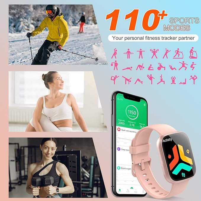 Smart Watch for Men Women(Answer/Make Calls), 1.95" HD Touch Screen Fitness Watch with Sleep Heart Rate Monitor, 110+ Sports Modes, IP68 Waterproof Activity Trackers Compatible Android iOS (Pink)