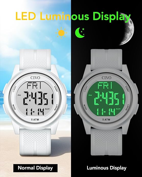 CIVO Digital Watches for Men Women: Sports Waterproof Wristwatch with Stopwatch Alarm Date - LED Backlight Big Numbers Silicone Watch for Outdoor Camping Running Cycling