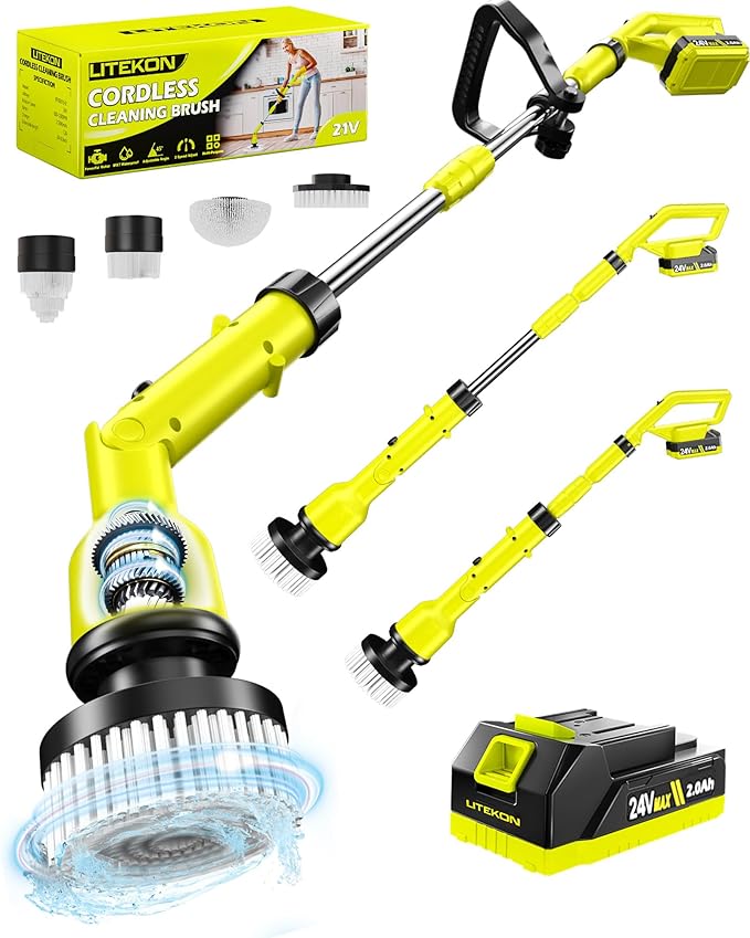 Electric Spin Scrubber with 3+ Hour Long Lasting Battery, 1000W/1200RPM High Power Cordless Clean Brush with 50IN Adjustable Long Handle, 4 Replacement Head for Bath/Tub/Tile/Floor, RyobiGreen