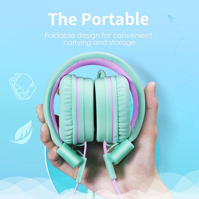 P10 Kids Headphones with Microphone Stereo Headphones for Children Boys Girls,Adjustable 85dB/94dB Volume Control Foldable On-Ear Headphone with Microphone for School/PC/Cellphone(Green)