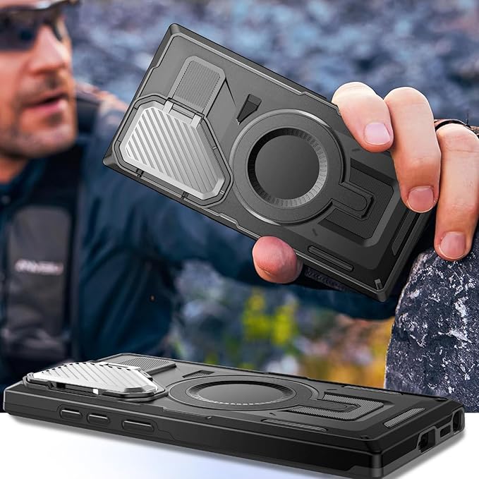Camera Stand Case for Galaxy S25 Ultra, [Compatible with MagSafe][Lens Cover] 2024 Version Military Grade Protective Soft Case for Samsung Galaxy S25 Ultra 6.86" Men Women, Black
