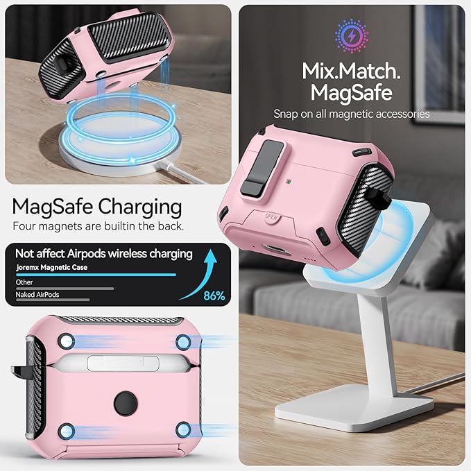 for AirPods Pro 3 Case (2025) with Phone Stand,（with Automatic Snap Switch） Carbon Fiber Design Protection Cover with Cleaning Pen,Pink