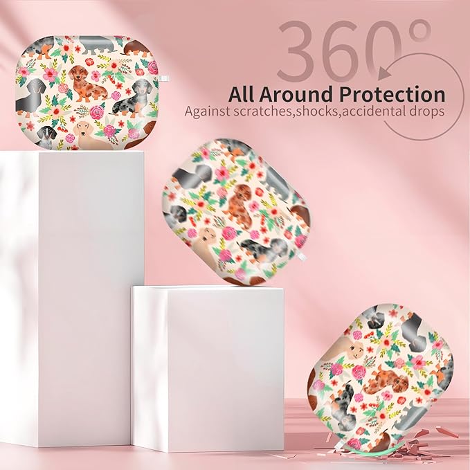 Compatible with AirPods Pro 3 (2025) Case, Airpod Pro 3 Protective Cover with Cute Golden Keychain for Girls & Women (Dachshund Sausage Dogs Puppies Pink Flowers)