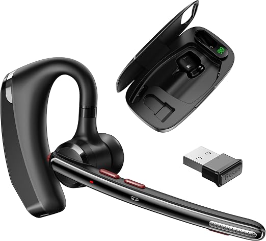 Bluetooth Headset V5.3, Wireless Headset with Dual Noise-Canceling Mics, Charging Case, 300H Standby Time, Hands Free Headphones for PC/Cell Phones, Trucker/Office/Work/Home