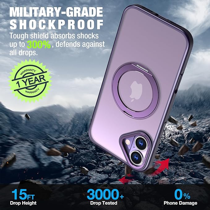 for iPhone 16 Case with Screen Protector & Lens Protector [15 FT Military Drop Protection] Magnetic Kickstand Compatible with MagSafe Slim Translucent Case (Deep Purple)
