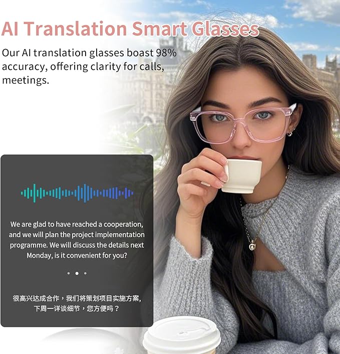 AI Smart Glasses with Real-Time Translation, Wireless Bluetooth 5.3, Smart Simultaneous Interpretation for 160+ Languages, Open-Ear Design,Clear Frame Blue Light Glasses for Woman Travel,Work