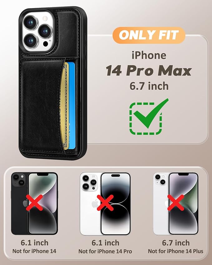 for iPhone 14 Pro Max Case with Wallet - Fits 4 Card Slots, Compatible with MagSafe for Women Men Durable PU Leather Credit Card Holder Kickstand Phone Cover for Apple 14 Promax, Black