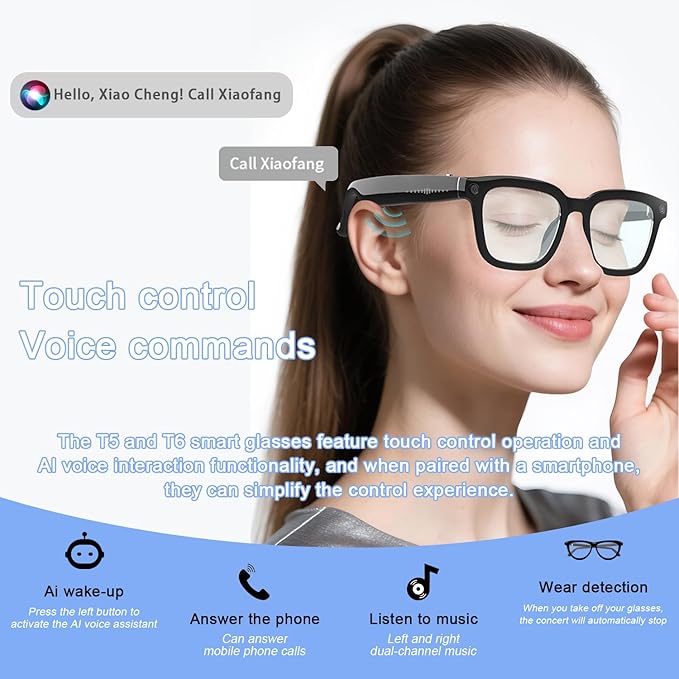 AI Bluetooth Smart Glasses with Camera, 1200P Video Recording Glasses, 8MP Anti-Shake Camera Glasses, Voice Assistant, Supports Photo/Video/Audio Recording, with AI Assistant & Real-Time Translation