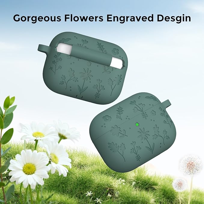 AhaStyle AirPods Pro 3 Case Cover (2025) Flower Engraved Cute Silicone AirPods Pro 3rd Generation Case Full Body Shockproof Cover Skin for Apple AirPods Pro 3rd Gen with Cleaning Kit for Women Girls