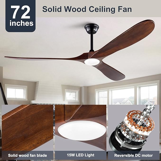 72 Inch Large Ceiling Fans with Lights and Remote,Modern Ceiling Fan with Light,3 Wood Blades,Quiet Reversible DC Motor,Indoor Outdoor Ceiling Fan for Patios Living Room Bedroom Study
