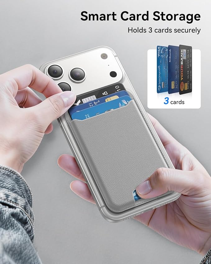 for MagSafe Wallet, 3 Cards Holder, Slim Magnetic Phone Wallet for iPhone 17/16/15/14/13/12 Pro Max Plus Air Series,RFID Blocking Vegan Leather,Grey