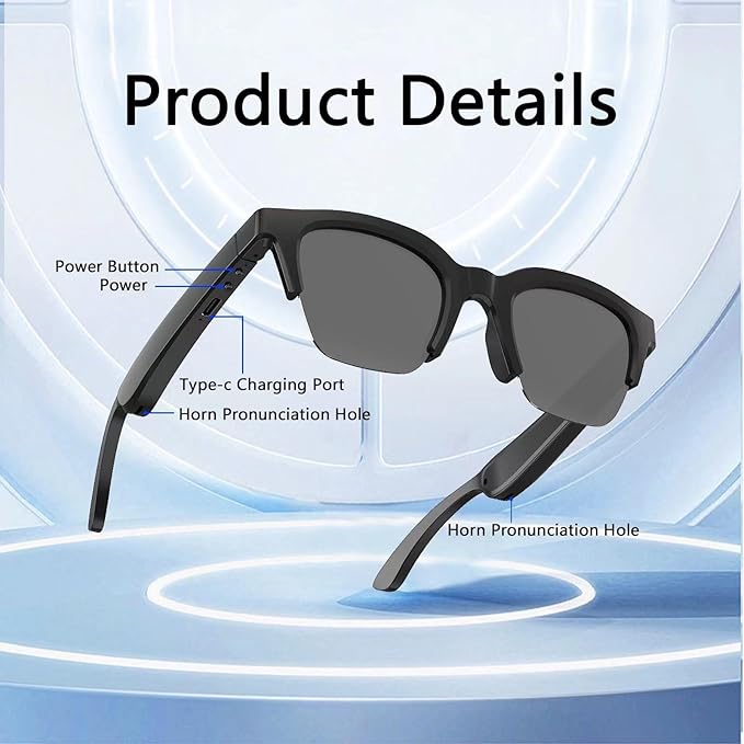 Smart Audio Glasses Open Ear Bluetooth Glasses Wireless Music and Calls Type C Fast Charging Physical Button Control Ultra Lightweight Unisex (Black)