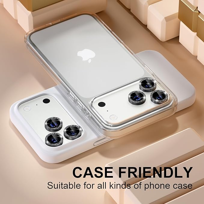 Misea Compatible for iPhone 17 Pro/iPhone 17 Pro Max Camera Lens Protector Bling, 9H Tempered Glass Camera Cover Screen Protector Metal Individual Ring Decoration Accessories, Black Glitter