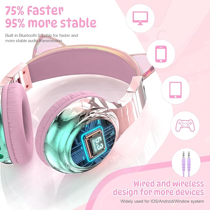 QearFun Kids Cat Ear Bluetooth Headphones, 60H Playtime, 74/85/94dB Safe Volume Limit, Metallic Gradient Wireless Headset with Mic, Fast Charging, Foldable, Wired Mode for Girls School/Tablet/Travel