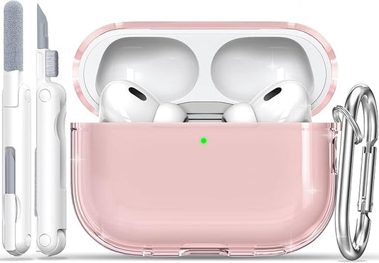 RFUNGUANGO AirPods Pro Case Clear, Soft TPU Transparent with Cleaning Kit & Keychain, Compatible with Magsafe, Compatible Apple AirPods Pro 2nd/1st Generation Protective Case, Pink