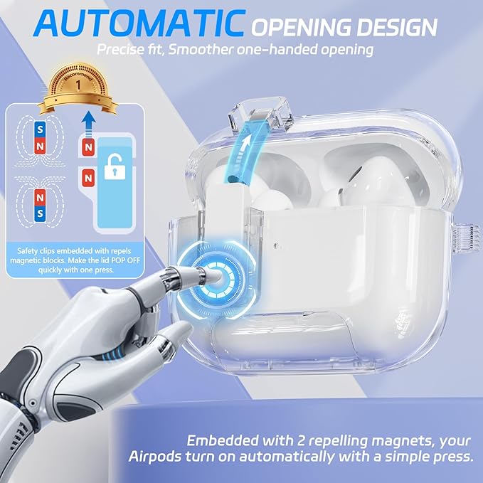 for AirPods Pro 2 Case with Phone Stand & Secure Lock, Auto-Open Clear Cover Compatible with Apple AirPods Pro 2nd/1st Gen (2023,2022,2019) with Cleaning Kit & Keychain (Clear White)