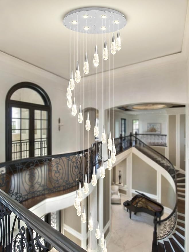 H 177" Moderm Extra Large Chandelier 36-Lights Foyer Chandelier for High Ceiling Crystal Pendant Light Fixture Raindrop Chandeliers for Staircase Villa Living Room (Silver
