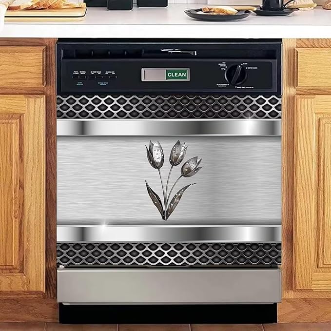 Stainless Steel Dishwasher Magnet Cover Decor, Metal Floral Dishwashing Sticker Magnetic, Kitchen Fridge Door Magnet Cover Vinyl Sticker (23" x 17" Magnetic)