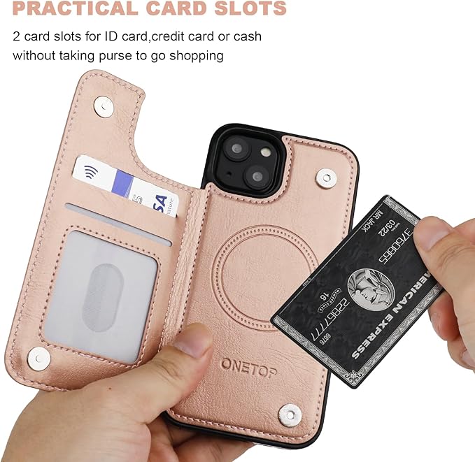 ONETOP Compatible with Magsafe for iPhone 13 Wallet Case with Card Holder, PU Leather Kickstand RFID Blocking Case, Double Magnetic Clasp and Durable Shockproof Cover 6.1 Inch (Rose Gold)