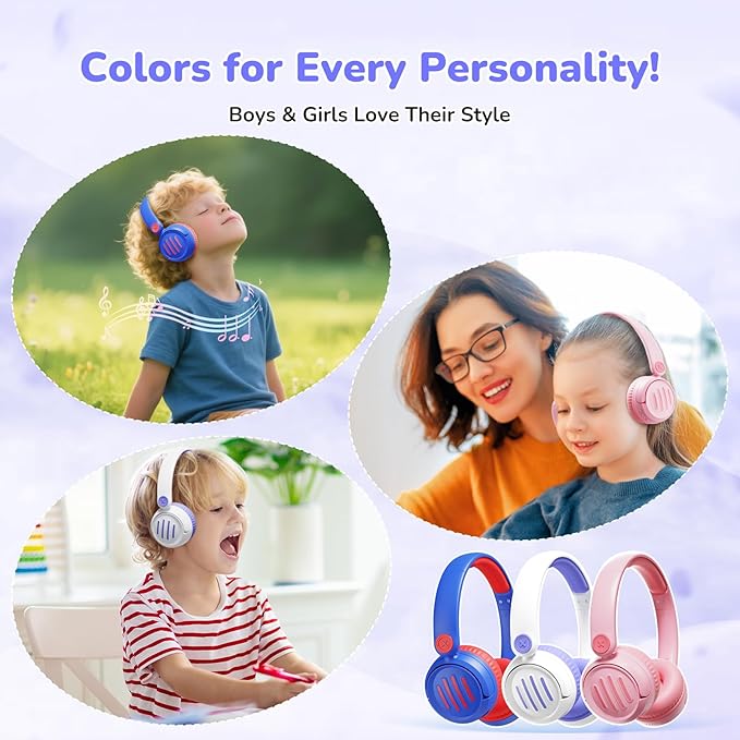Kids Bluetooth Headphones Wireless On-Ear with USB-C Fast Charge,Microphone & 85dB Volume Limiter,Foldable Lightweight Toddler Headphones with AUX for School Travel (White)