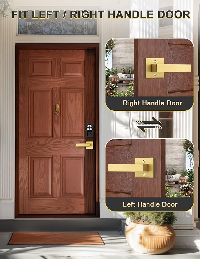 2 Pack Gold Dummy Lever Door Handles for Closets French Doors, Satin Brass Finish, Interior Dummy Door Locksets for Hall Closet Door Knobs Lock Reversible Right & Left Handed