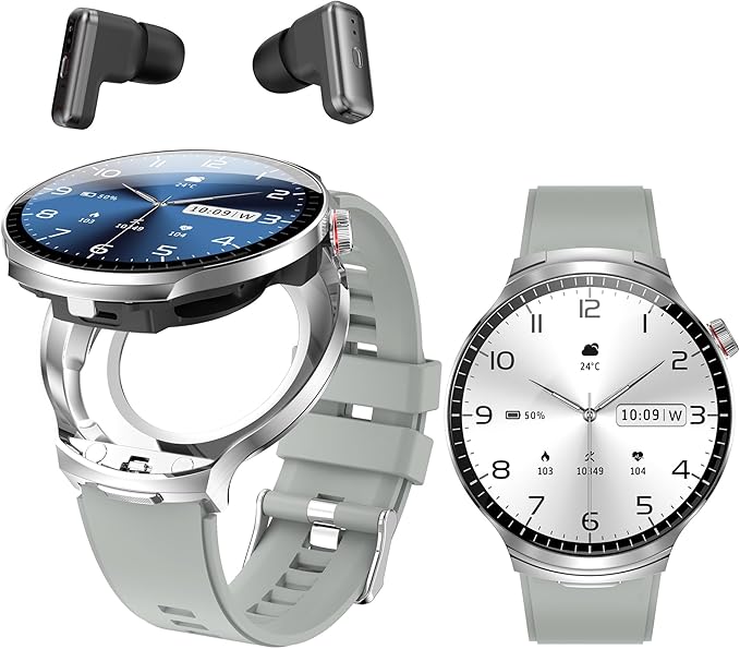 Smart Watch with Earbuds, 1.85" HD Display, IP67 Waterproof, 100 Sports Modes, Bluetooth Calling, Heart Rate Monitor, Round, Activity Tracker