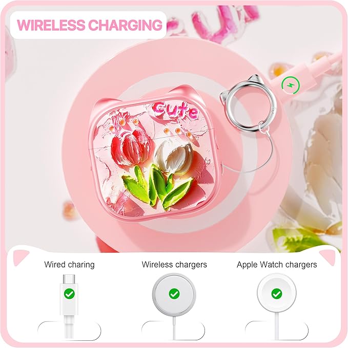RFUNGUANGO AirPods 4 Case for Women Girly Cat Case with Lock, Phone Stand, Keychain & Cleaner Kit, Compatible with Apple Airpods 4th Generation Case Cover, Pink Tulip
