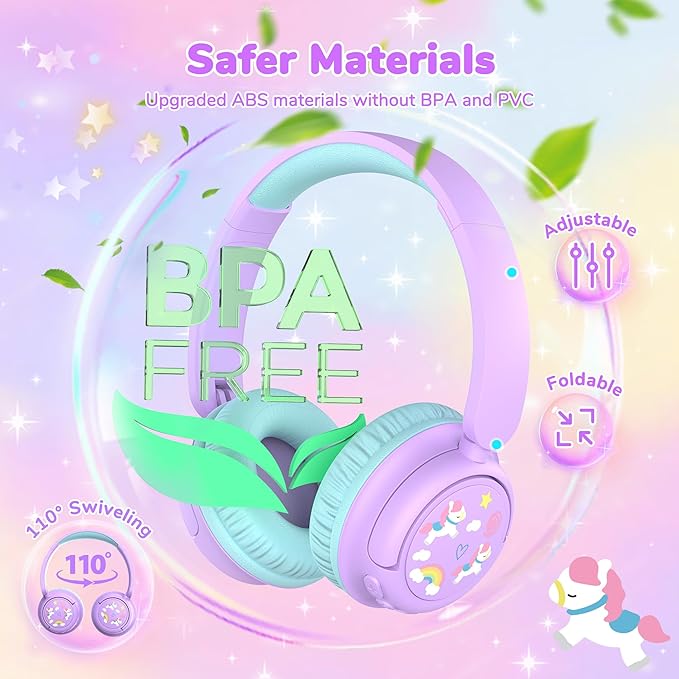 iClever Clever BTH22 Kids Bluetooth Headphones, 60H Play Time, 74/85 dBA Safe Volume, Bluetooth 5.4, USB C, Over Ear Kids Headphones Wireless with Mic AUX Cord for iPad/Tablet/Travel/School, Lilac