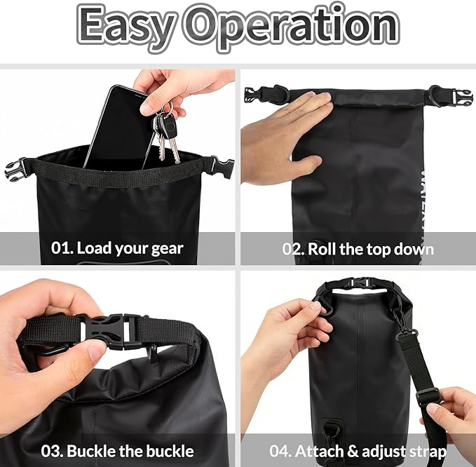 kullder Waterproof Dry Bag, 2L Roll Top Waterproof Pool Bag IPX8 with Crossbody Strap, Phone Pouch Water Protector for Cruise Camp Swim Beach Fish Travel Essentials, Boat & Kayak Accessories (Black)