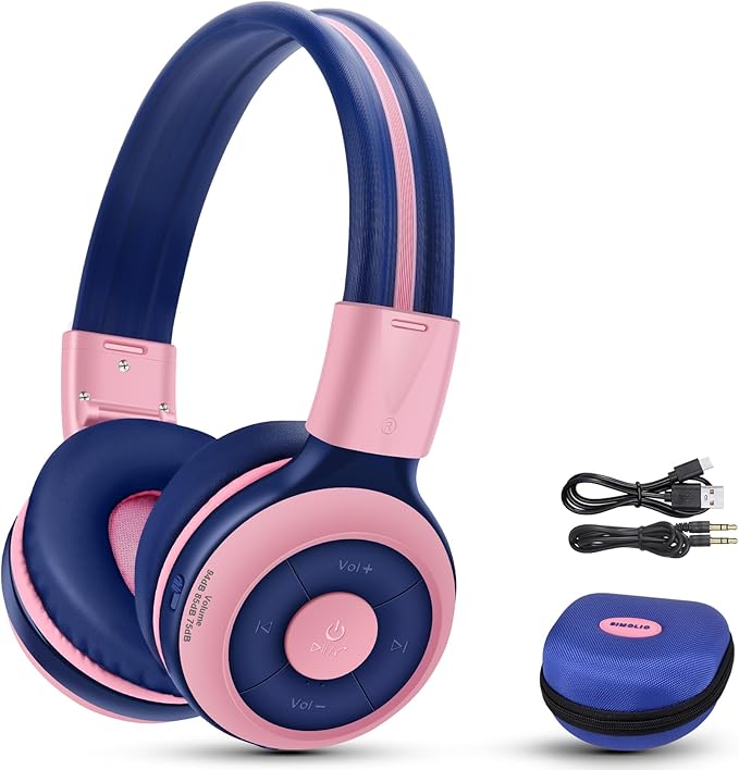SIMOLIO Wireless Headphones Girls, Bluetooth Foldable Childrens Headphones with Mic and Volume Limited, Over-Ear Stereo Headset for Fire Tablet iPad School Travel Airplane Cellphones, Wired Mode Pink