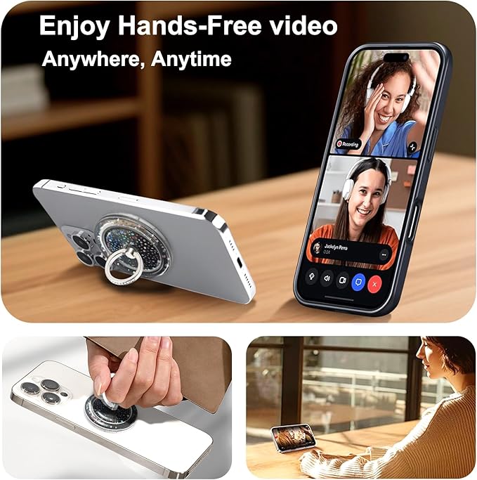 Transparent Magnetic Phone Grip Compatible with MagSafe Phone Ring Holder,360°Adjustable & Removable Silver Star Diamond Laser Design Magnet Stand for Phones and Tablets