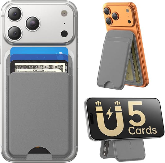 for MagSafe Wallet with Stand, 5 Card Holder, Slim Leather Magnetic Wallet for iPhone 17/16/15/14/13/12 Pro Max Plus Air Series, 3 Card Slots & 1 Cash Slot,Grey