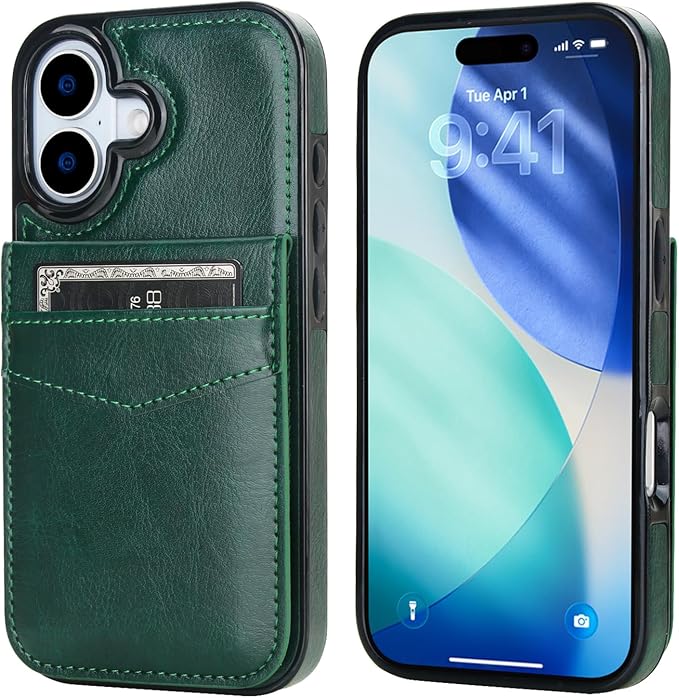 KIHUWEY Compatible with iPhone 17 Case Wallet with Credit Card Holder, Flip Premium Leather Magnetic Clasp Kickstand Heavy Duty Protective Cover for iPhone 17 6.3 Inch (Dark Green)