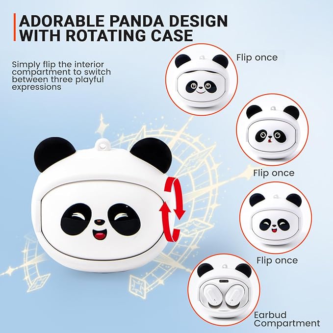 Kids Wireless Earbuds with Rotating Chaging Case Wireless Bluetooth Earbuds for Kids, Kid Ear Buds with Mic, 88dB Safe Volume, Earphones Earpods in-Ear for Android iOS Cell Phone Laptop, Panda