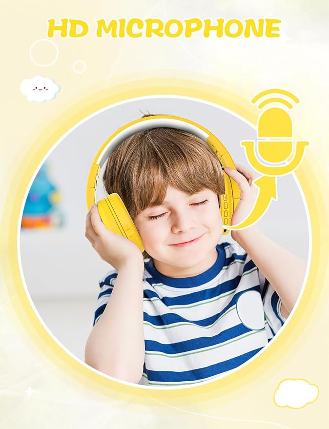 Kids Bluetooth Headphones, Wireless Headphones with Microphone, 74/85/94dB Volume Limited, 80H Playtime, Foldable Over Ear Headphones for School, Home, or Travel, Yellow