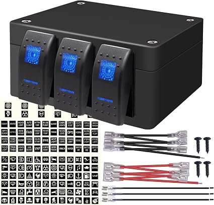 weideer 3 Gang Rocker Switch Box Blue LED 12V 24V DC Rocker Switch Panel with Night Glow Stickers for Car Trucks Boats RVs