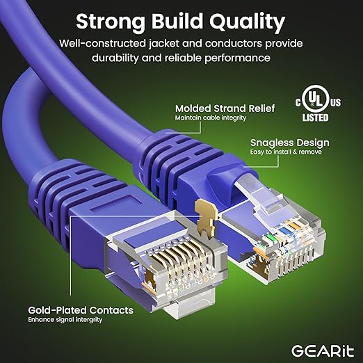 GEARit Cat 6 Ethernet Cable (20-Pack 1 Foot) Cat6 Network Patch, 10Gbps, RJ45, Snagless Cord, Gold-Plated Connectors, Internet for PC, TV, Tablet, Router, Printer, Servers, IT Data Center - Purple