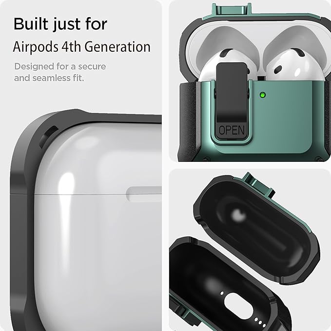 for Airpods 4 Case with Lock Clid, Rugged Apple Airpods 4th Generation Cover 2024 Men Women, Armor Shockproof iPod 4 Gen Protective Hard Shell with Carabiner&Cleaner kit,Black/Green