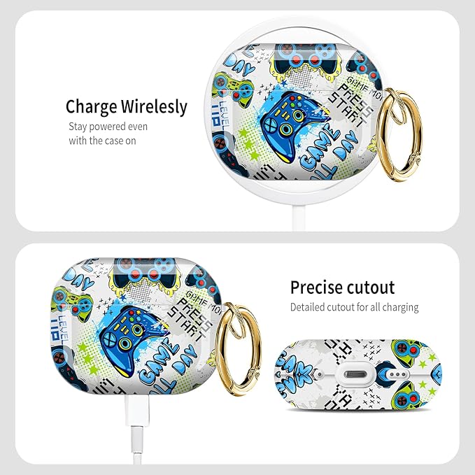 Cute Hard Case Compatible with AirPods Pro 3rd Generation Case (2025), Shockproof Protective Cover with Golden Keychain Ring Clip (Blue Game Pattern)