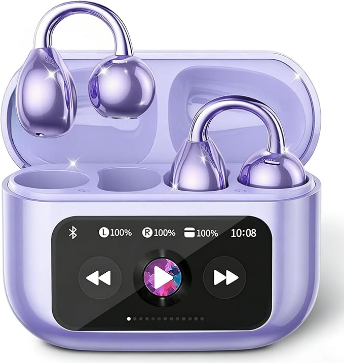 Elegant Touchscreen Clip-On Earbuds, Wireless Open Ear Headphones with 1.3" Color Display, Bluetooth 6.0, 50H Playtime, Ultra-Light 4.1g, IPX5 Waterproof, Perfect for Yoga/Running/Workouts,purple
