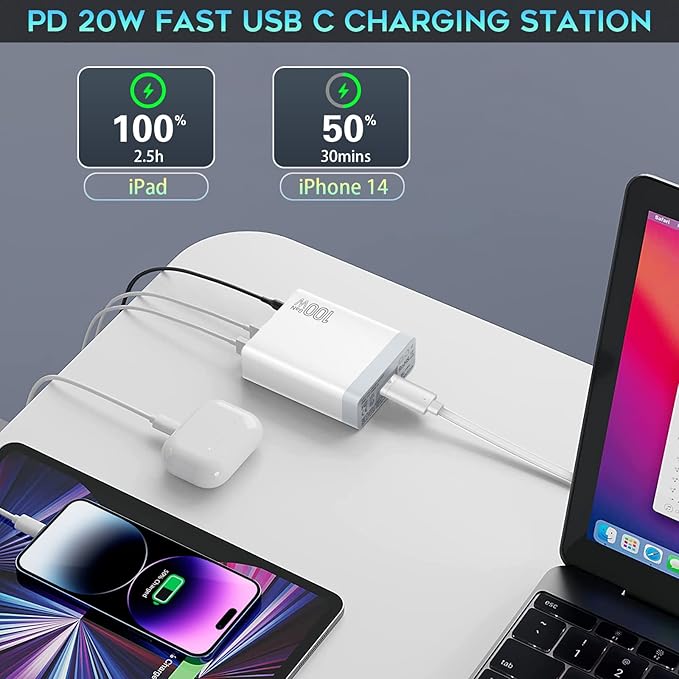 Fast USB C Charging Station,Total 100W 6-Port Charger Block with 4 USB-C and 2 USB-A Ports Quick 3.0 Adapter Hub for iPhone 15 14 13 12 Pro Max, iPad, Galaxy, Pixel Portable Multiport Hub (White)