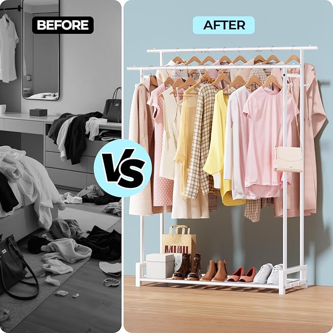 Clothes Rack for Hanging Cloth,Double Rods Metal Clothes Rack with Storage Shelf and Coat/Hat Hook, Freestanding Clothing Rack for Bedroom, Laundry, Cloakroom, White