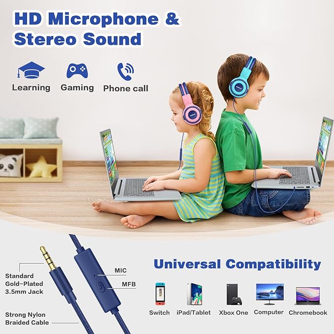 SIMOLIO 2 Pack Headphones for Kids with Share Port & Mic, 75dB/85dB/94dB Safe Volume Limit, Wired School Headphones for Girls Boys Children Tablet Laptop Travel (Mint,Pink)