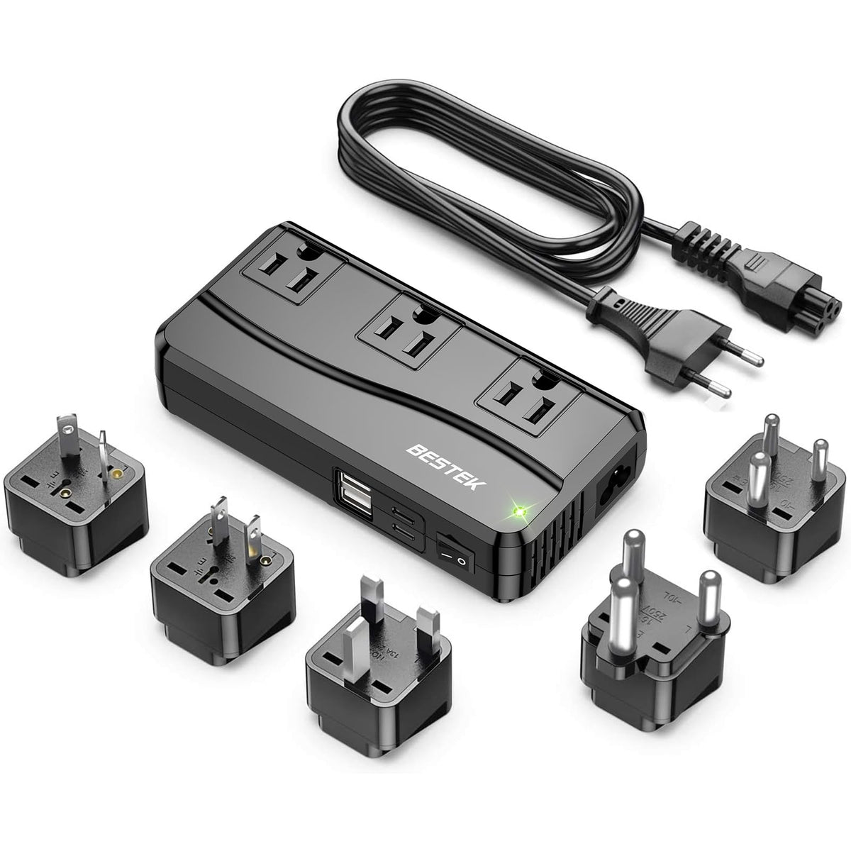 BESTEK 300W Power Converter 3-Outlet and 4-Port USB Travel Voltage Transformer 220V to 110V with Type G/D/M/AU/US Travel Plug Adapters