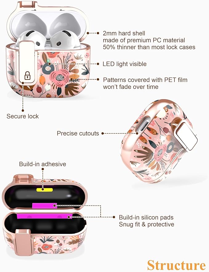 TATOFY Cover for AirPods Pro 4th Generation Case with Lock Clip Cleaner Kit Slim Hard AirPod 4 Lock Case Compatible with MagSafe (Pink)