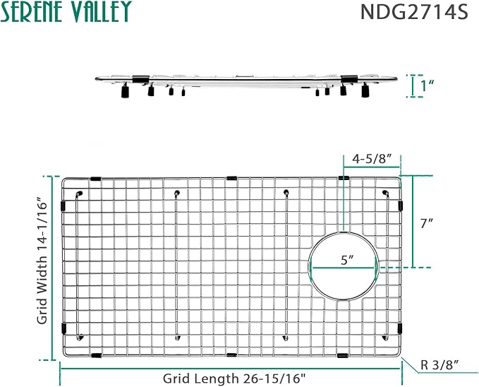 Serene Valley Sink Bottom Grid 26-15/16" X 14-1/16", Side Drain with Corner Radius 3/8",NDG2714S