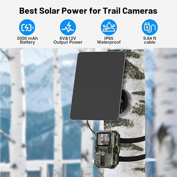 Solar Panel for Trail Cameras, Built-in 5000mAh Large-Capacity Rechargeable Battery Trail Camera Solar Panel, Solar Battery Charger Kit with Type C/5V DC/6V Output, Suitable for Most Trail Cameras