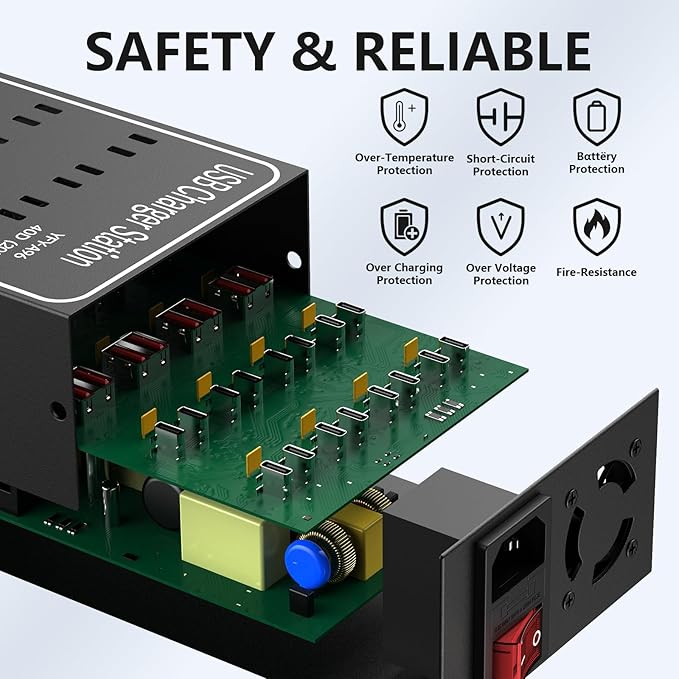 Multiple USB Charging Station, RUANSZZ 40 Port 200 Watt (40A) USB~C Charger Block with Power Switch, Multiple USB Desktop Charger Station, Suitable for Shops, Hotels, Schools, Shopping malls